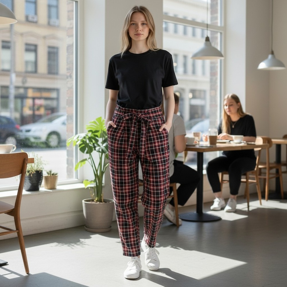 Almost Famous Red Plaid Paperbag Waist Tapered Cuffed Trousers Pants Large
